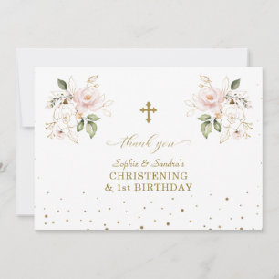 Roze Floral Girls Twins 1e verjaardag Christening Bedankkaart