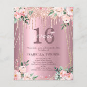 Roze Floral Glitter Sweet 16th Birthday Invitation (Voorkant)