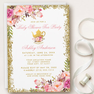 Roze Floral Gold Baby shower Tea Party nodigt GP u Kaart