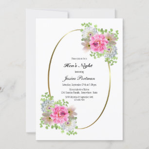 Roze Floral Gold Border Hen's Night Kaart