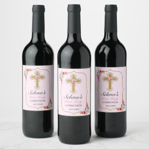 Roze Floral Gold Cross 1st Community Wijn Etiket