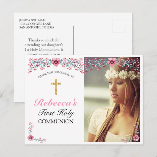 Roze Floral Gold Cross First Community Hartelijk d Briefkaart (Voorkant / Achterkant)