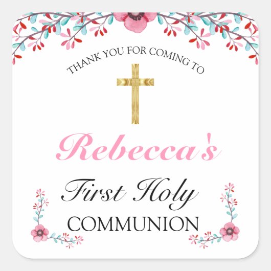 Roze Floral Gold Cross First Community Hartelijk d Vierkante Sticker (Voorkant)