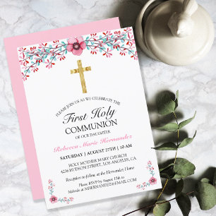 Roze Floral Gold Cross First Heilige Communie Kaart