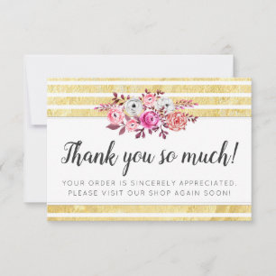 Roze Floral & Gold Glam Modern Stripe Hartelijk da Bedankkaart