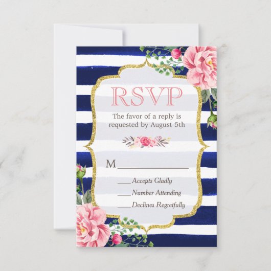 Roze Floral Gold Glitter Navy Blue Striped RSVP (Voorkant)