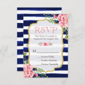 Roze Floral Gold Glitter Navy Blue Striped RSVP (Voorkant / Achterkant)