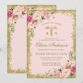 Roze Floral Gold Glitter Nursing School Afstuderen Kaart (Voorkant / Achterkant)