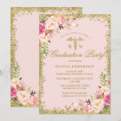 Roze Floral Gold Glitter Nursing School Afstuderen Kaart (Voorkant / Achterkant)