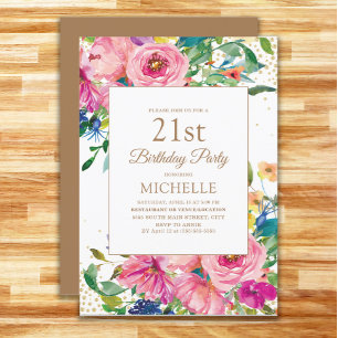 Roze Floral Gold Glitter Women's 21st Birthday Kaart