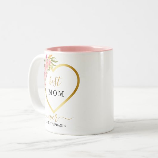 Roze Floral Gold Heart Beste mama ooit Tweekleurige Koffiemok (Voorkant links)