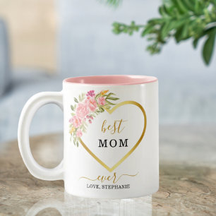 Roze Floral Gold Heart Beste mama ooit Tweekleurige Koffiemok