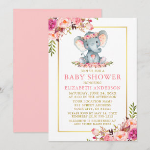 Roze Floral Gold Lijst Elephant Baby shower Kaart