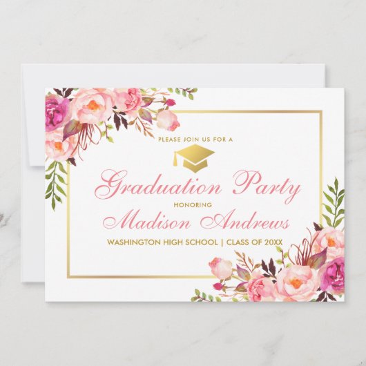 Roze Floral Gold Lijst Graduation Party Invitation Kaart (Voorkant)
