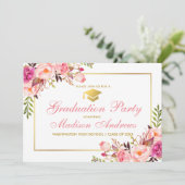 Roze Floral Gold Lijst Graduation Party Invitation Kaart (Staand voorkant)