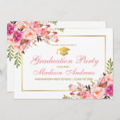 Roze Floral Gold Lijst Graduation Party Invitation Kaart (Voorkant / Achterkant)