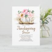 Roze Floral Gold Pumpkin Thanksgiving Dinner Kaart (Staand voorkant)