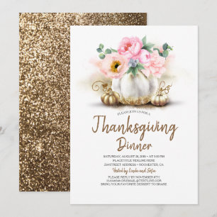 Roze Floral Gold Pumpkin Thanksgiving Dinner Kaart