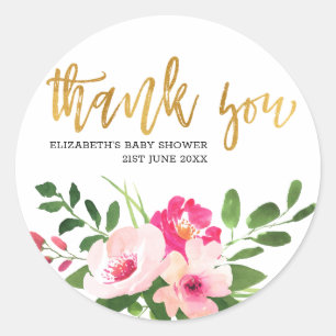 Roze Floral Gold Script-Baby shower Hartelijk dank Ronde Sticker