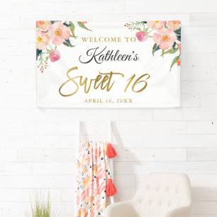 Roze Floral Gold Script Sweet 16 Birthday Banner