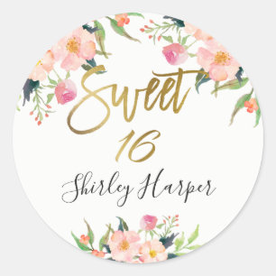 Roze Floral Gold Script Sweet Sixteen 16 verjaarda Ronde Sticker
