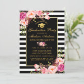Roze Floral Gold Striped Graduparty Invite Kaart (Staand voorkant)