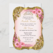 Roze Floral Gold White Pearl Tiara Birthday Party Kaart (Voorkant)
