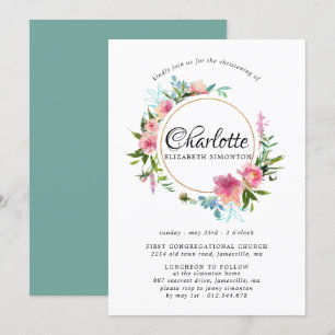 Roze Floral & Gold Wreath Christening Invitations Kaart