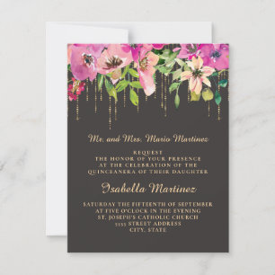 Roze Floral Green Leaves Black Gold Quinceañera Kaart