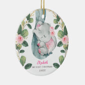 Roze Floral Greenery Elephant Baby 1e Kerstmis Keramisch Ornament (Rechts)