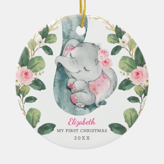 Roze Floral Greenery Elephant Baby 1e Kerstmis Keramisch Ornament (Voorkant)