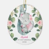 Roze Floral Greenery Elephant Baby 1e Kerstmis Keramisch Ornament (Links)