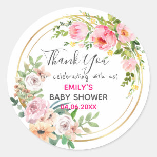  Roze Floral Hartelijk dank Baby shower Ronde Sticker
