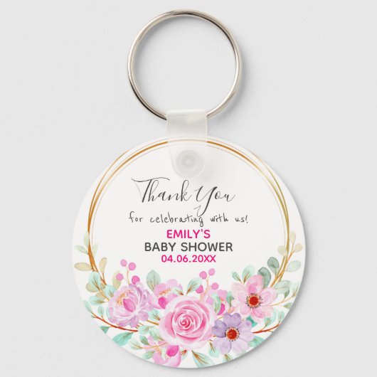 Roze Floral Hartelijk dank Baby shower Sleutelhanger (Voorkant)