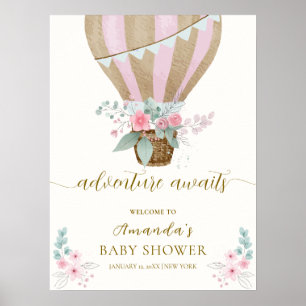 Roze Floral Hot Air Ballon Baby shower Welkom Poster