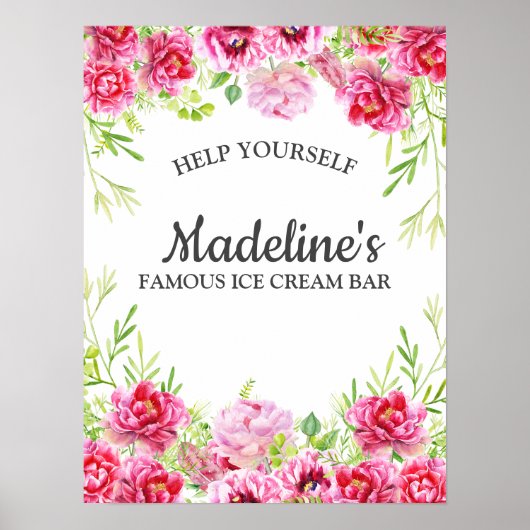 Roze Floral laat de Witte verjaardag van Ice Cream Poster (Voorkant)