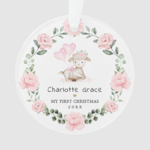 Roze Floral Lamb Wreath Baby Girl 1 kerst Ornament