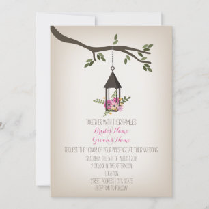 Roze Floral Lantern Tree Wedding Kaart
