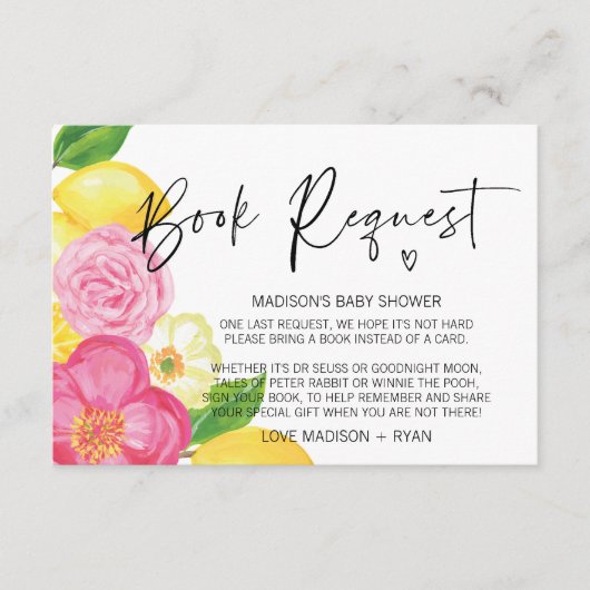 Roze Floral Lemon Baby shower Book Request Card Informatiekaartje (Voorkant)