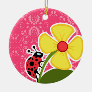 Roze Floral; Lieveheersbeestje Keramisch Ornament