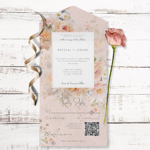  Roze Floral-Lijst QR-code All In One Uitnodiging