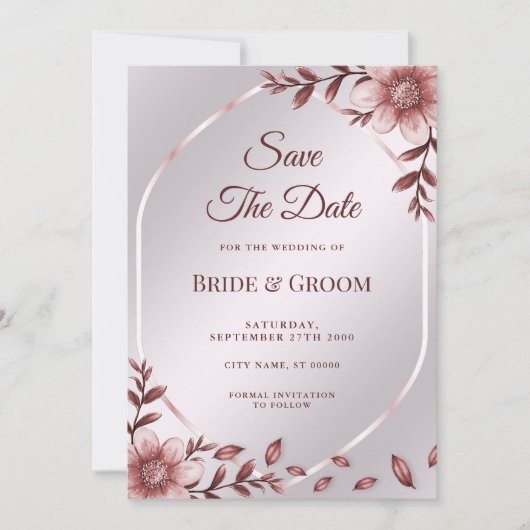 Roze Floral Lijst sparen de Datum Save The Date (Voorkant)