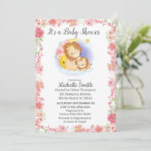 Roze Floral Lion Mam Baby shower Uitnodiging (Staand voorkant)