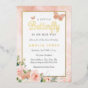 Roze Floral Little Butterfly Girl Baby shower Folie Uitnodiging
