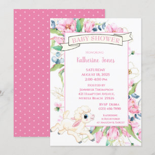 Roze Floral Little Lamb Baby shower Invitation Kaart