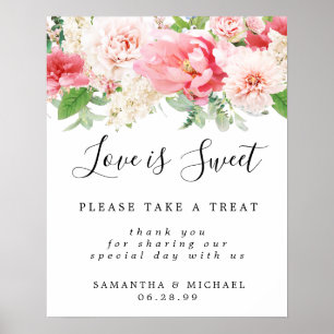 Roze Floral Love is Sweet Wedding Dessert Bar Sign Poster
