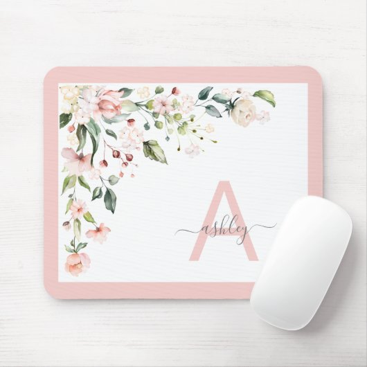  Roze Floral Manuscript Monogram Initiaal Naam Muismat (Met muis)