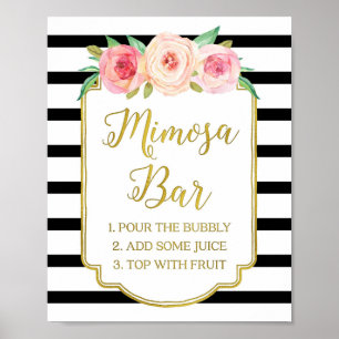 Roze Floral Mimosa Bar Gold Black Stripes Poster