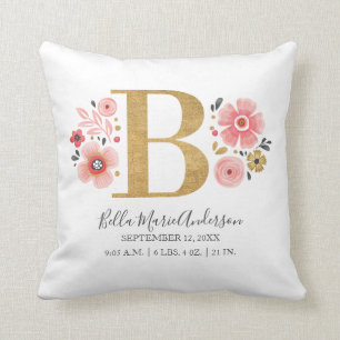 Roze Floral Monogram Initiaal Letter B Birth Stats Kussen