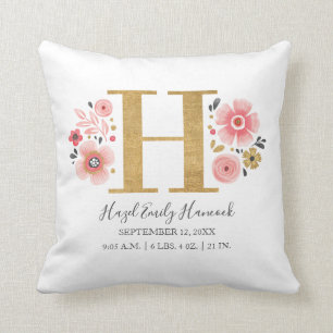 Roze Floral Monogram Initiaal Letter H Birth Stats Kussen